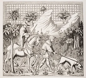 Noble en costume de chasse avec son serviteur et son chien, d